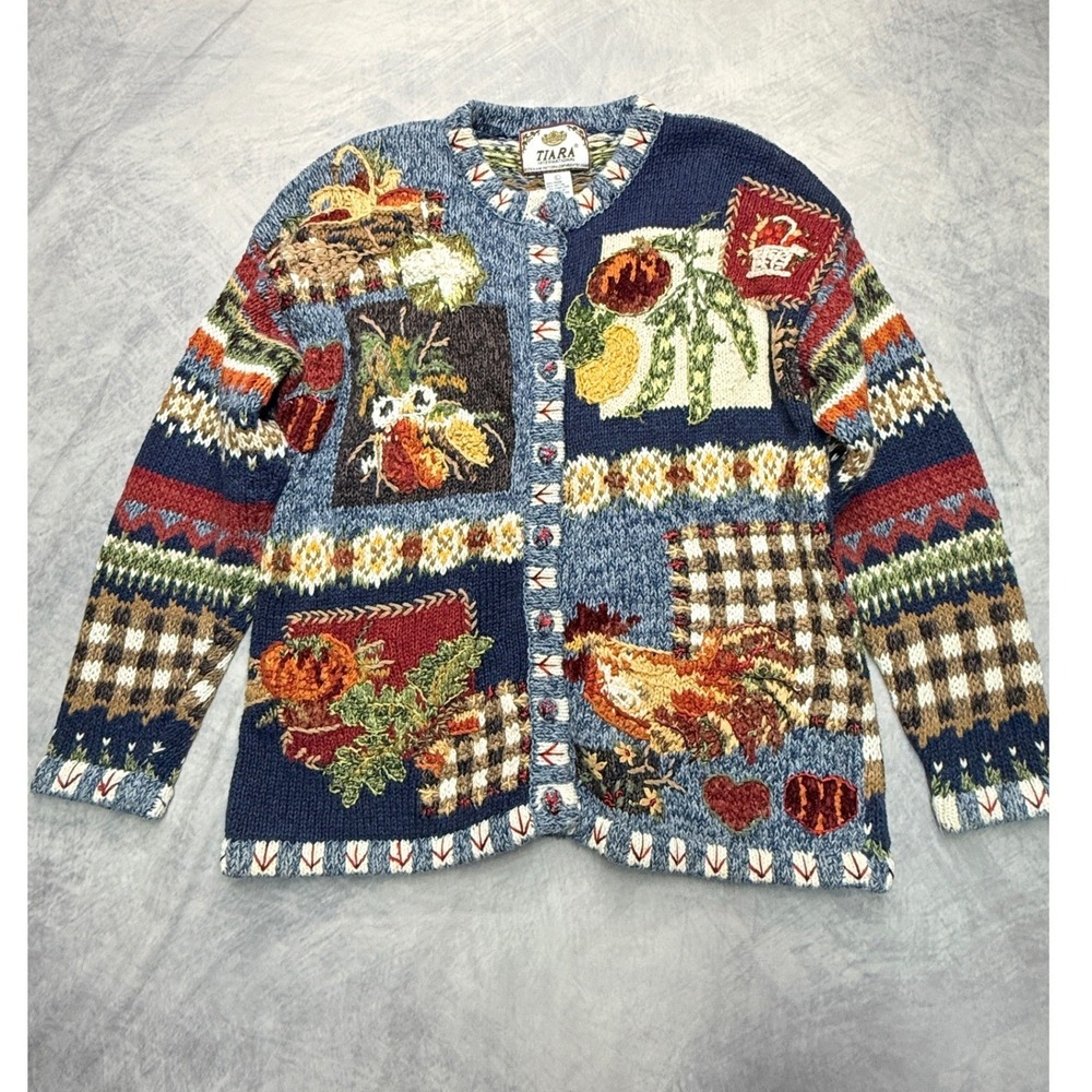 Vintage Chunky Sweater Farm Harvest Rooster Heavy Knit Cardigan sz L
